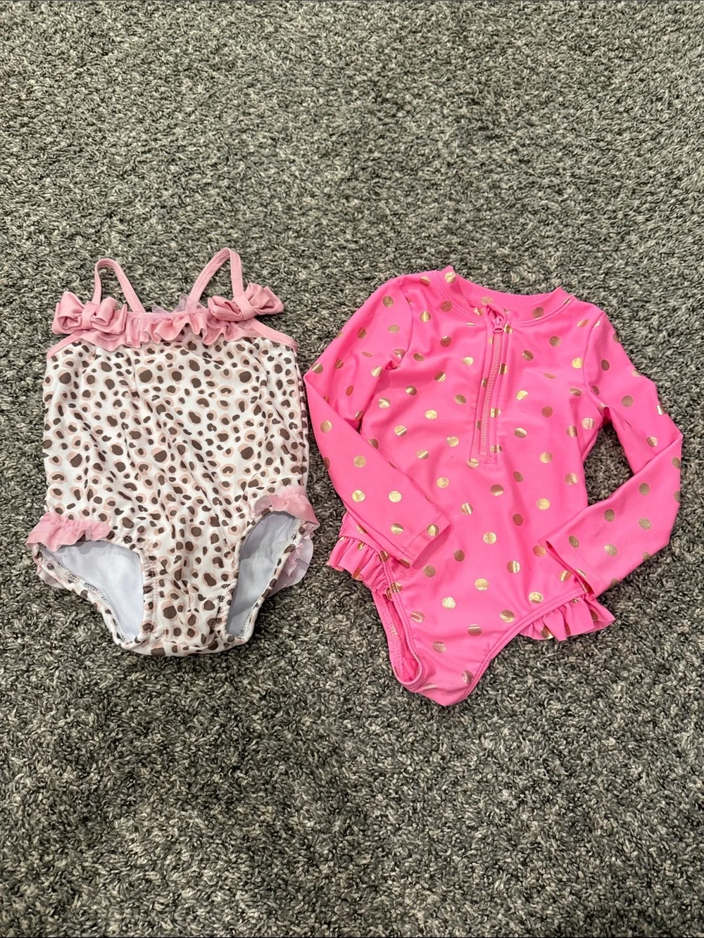 2t Pink Long-Sleeve One-Piece Swimsuit with Gold Polka Dots